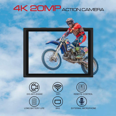 Action Cam Pro【Aggiornato】4K 20MP Fotocamera EIS WIFI 2 Pollici Ultra HD Impermeabile 40M Sott'Acqua Con Mic Esterno 2.4G Telecomando 170°Grandangolare Due 1200Mah Batterie E Il Kit Accessori