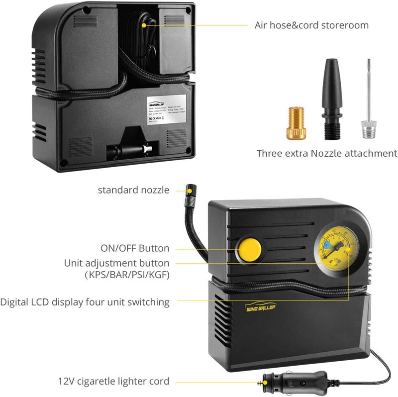 Mini Compressore Portatile per Auto, 12V Professionale, Analogico, Pompa Aria Con Manometro per Pneumatici E Adattatori per Valvole (Giallo)