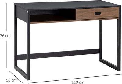 Scrivania per Camera E Ufficio Con Ripiano E Cassetto in Legno E Acciaio Stile Industriale, 110X50X76Cm, Noce E Nero