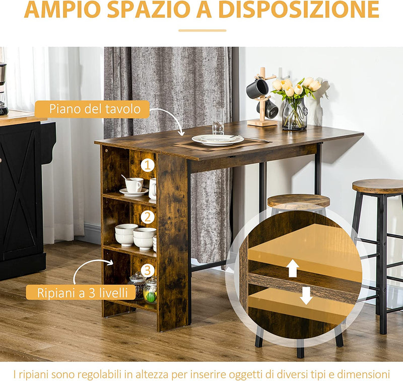 Bancone Bar Pieghevole in Stile Industriale Con Scaffale a 3 Ripiani, Tavolo Alto in Legno E Acciaio 120X76X91.4Cm