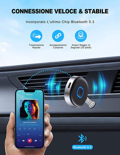 Ricevitore Bluetooth 5.3, Mini Aux Bluetooth Auto per Stereo/Altoparlante/Cuffie Cablate, Adattatore Bluetooth Auto Jack 3.5 Mm, Chiamate in Vivavoce, Connessione Doppia, 16 Ore Di Riproduzione