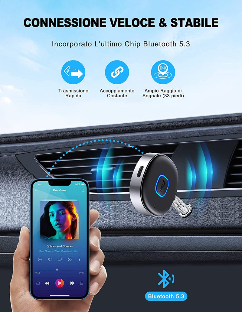 Ricevitore Bluetooth 5.3, Mini Aux Bluetooth Auto per Stereo/Altoparlante/Cuffie Cablate, Adattatore Bluetooth Auto Jack 3.5 Mm, Chiamate in Vivavoce, Connessione Doppia, 16 Ore Di Riproduzione