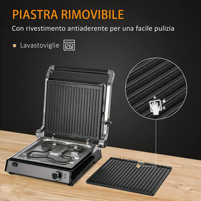 Piastra Elettrica 2000W Apribile a 180° in Alluminio E Acciaio Inox per 4 Fette Con Spatola E Vassoio Antigoccia, 29X51.6Cm, Argento E Nera