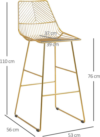 Set Di 2 Sgabelli Da Bar Alti Con Schienale E Poggiapiedi, Sgabelli Cucina Moderni Struttura in Metallo Oro per Salotto, 53X56X110Cm