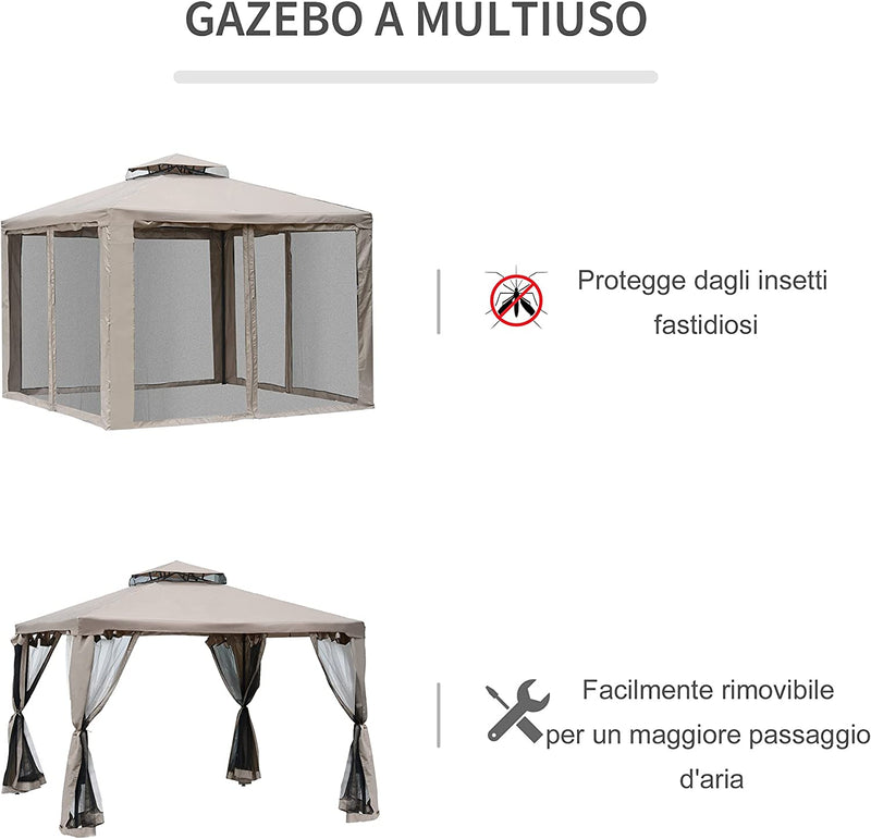 Tenda Gazebo Da Giardino Con Zanzariera, Struttura in Metallo Copertura in Poliestere, 294X294Cm, Talpa