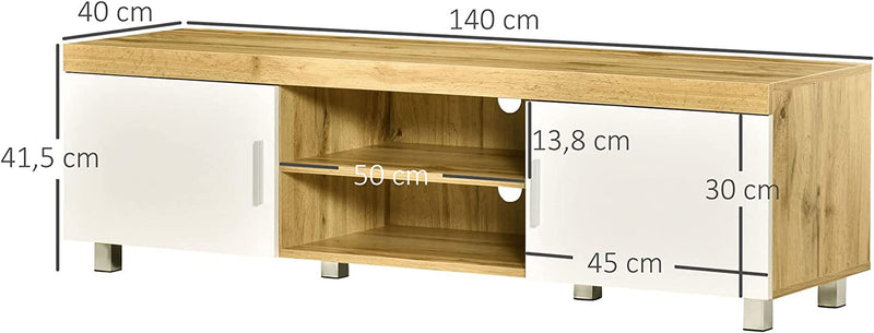 Mobile TV Con 2 Armadietti, 2 Fori Passacavi E 2 Ripiani in Legno MDF, Mobiletto Bianco per TV Fino 63", 140X40X41.5Cm
