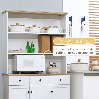 Credenza Da Cucina in Legno Bianco Con 3 Ripiani, 3 Cassetti E 2 Armadietti 101X39X180.5 Cm