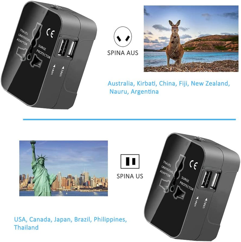 Adattatore Universale Da Viaggio,  Caricatore Adattatore Universale 6A, 2 Porta Caricabatterie USB(5V/1A/2.1A), per Tablet Smartphone Oltre 200 Paesi (USA, UK, EU AUS) Nero