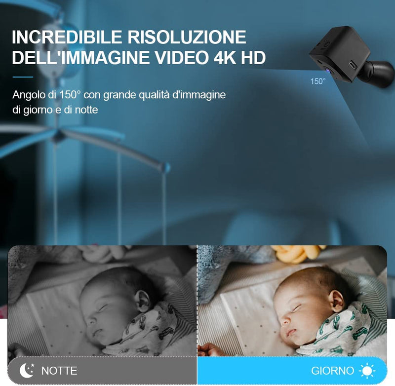 Telecamera Spia Wifi Interno 4K HD Mini Telecamera Nascosta Microcamera Senza Fili Videocamera Sorveglianza per Auto/Casa/Bambini Lunga Durata Spy Cam