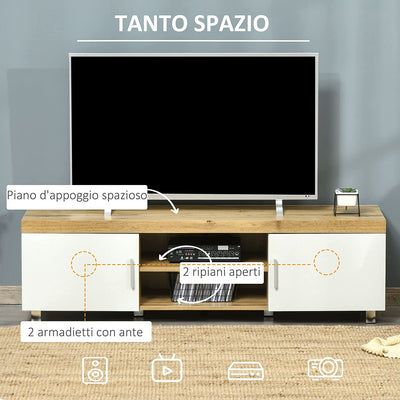 Mobile TV Con 2 Armadietti, 2 Fori Passacavi E 2 Ripiani in Legno MDF, Mobiletto Bianco per TV Fino 63", 140X40X41.5Cm