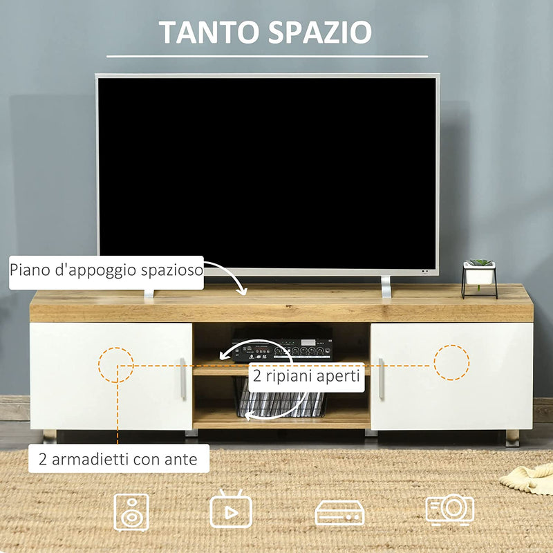 Mobile TV Con 2 Armadietti, 2 Fori Passacavi E 2 Ripiani in Legno MDF, Mobiletto Bianco per TV Fino 63", 140X40X41.5Cm