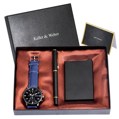 Men'S Quartz Watch Credit Card Case Gel Pen Set Fashion Gift Set Box