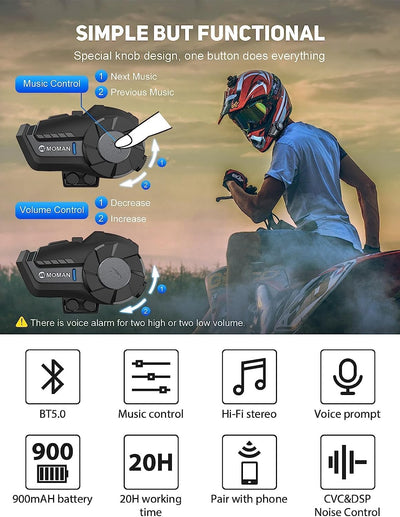 Interfono Moto, H2【2 Pezzi Nero】 Auricolare Casco Moto Bluetooth Coppia 1000M Sistema Di Comunicazione Con Cancellazione Del Rumore DSP&CVC Radio FM, Interfono-Moto-Bluetooth-Casco-Auricolare