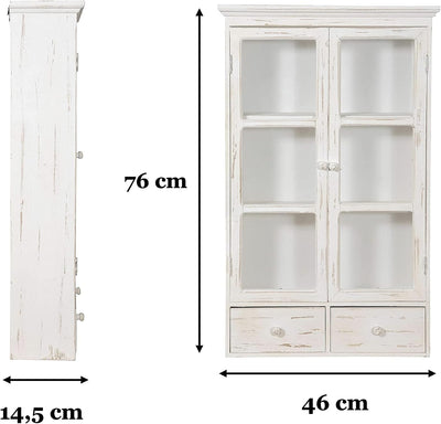 Vetrina Cucina in Legno 76X46X14,5 Cm | Vetrinetta Shabby Chic Bianco 2 Ripiani | Pensile Bagno Bianco 2 Ante | Mobiletto Bagno Sospeso