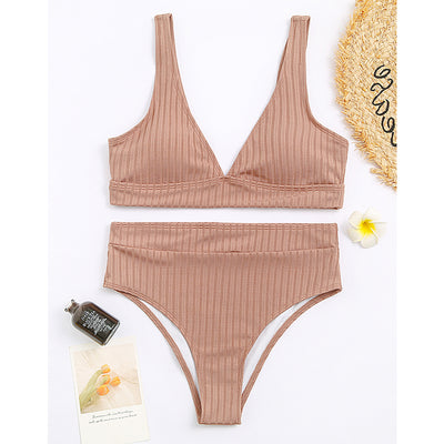 European and American Swimwear Women'S Ribbed High-Waisted V-Neck Striped Sports Solid Color Bikini Suit