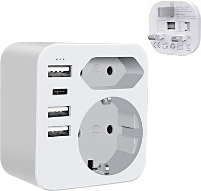 Adattatore Presa Inglese,Adattatore Presa Inglese a Spina Italiana, Adattatore UK per Gran Bretagna, Qatar, Irlanda, Gambia, Adattatore Prese Inglesi 3250W, Adattatore Spina Inglese Con 4 USB