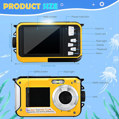 Fotocamera Subacquea, Full HD 2.7K 48MP Impermeabile Fotocamera Digitale Con Microfono LED Luce Di Riempimento Parco Acquatico the Sea per Bambini Ragazzi Ragazze Regalo Giallo