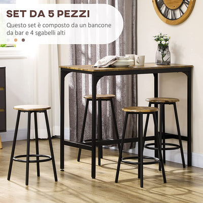 Set Da Bar 5 Pezzi Con Tavolo Alto E 4 Sgabelli, Bancone Bar Stile Industriale in Legno E Metallo, Marrone E Nero