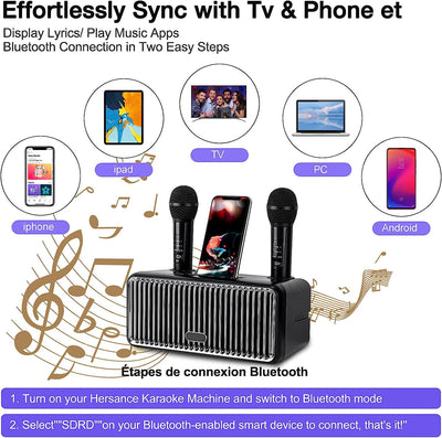 Macchina per Karaoke, Sistema per Karaoke Bluetooth, Macchina per Canto Karaoke per Adulti E Bambini, Con 2 Microfoni Wireless, Supporto per Cellulare, per Feste in Casa, Matrimoni, Picnic All'Aperto