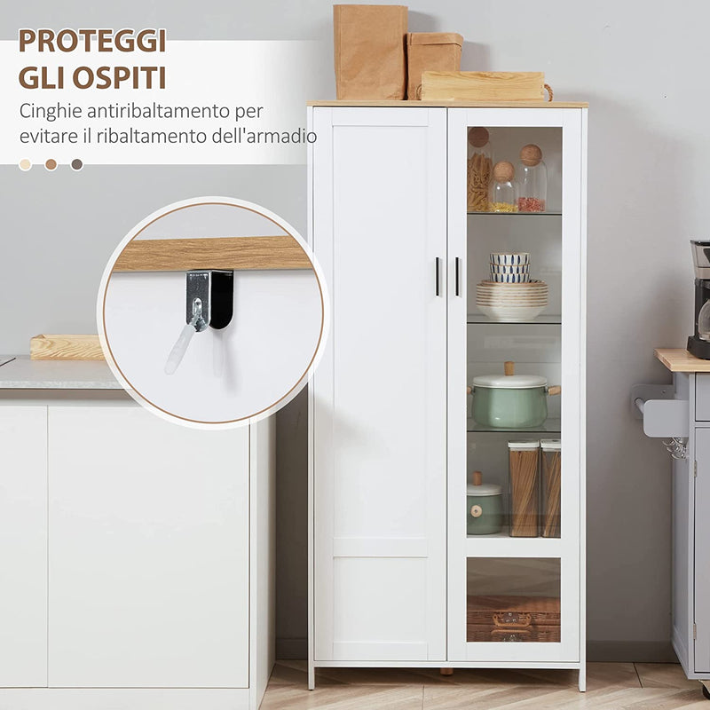 Credenza Moderna a 2 Ante Con 7 Mensole Regolabili, Madia Con Anta in Legno E Vetro, 76X36X160Cm, Bianco