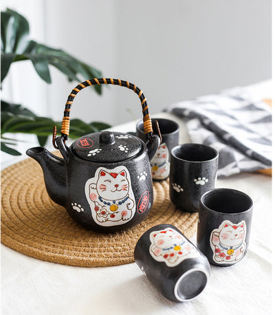 Creative Hand-Painted Lucky Cat Ceramic Tea Set One Pot Four Cup Gift Set Home Black Two