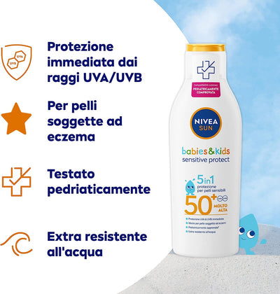 SUN Latte Solare Kids Sensitive Protect & Play FP 50+ 200 Ml, Crema Solare Bambini E Neonati Dai 6 Mesi in Su, Crema Solare 50+ Extra Resistente All'Acqua