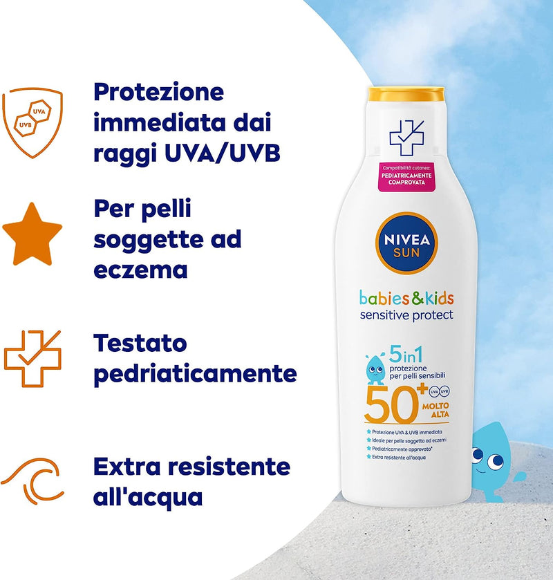 SUN Latte Solare Kids Sensitive Protect & Play FP 50+ 200 Ml, Crema Solare Bambini E Neonati Dai 6 Mesi in Su, Crema Solare 50+ Extra Resistente All&