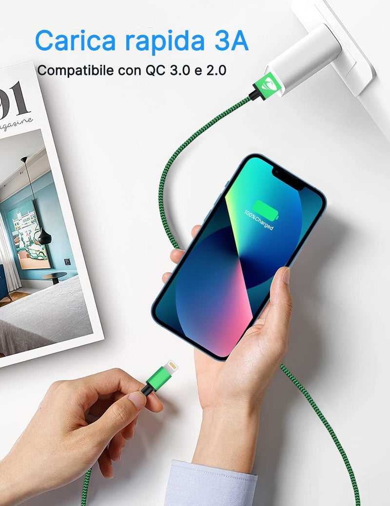 Cavo Iphone [2 Metri 3Pezzi] Cavo Lightning Usb Certificato Mfi Cavetto Iphone Filo Caricatore Carica Rapida Caricabatterie Nylon per Iphone 14 13 Pro Max 12 11 XR XS X 8 7 6S 6 plus SE Ipad Airpods