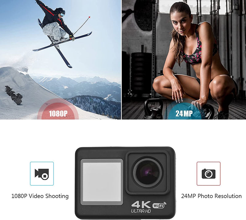 Action Camera 4K/60FPS Fotocamera Sportiva HD Da 24 MP Impermeabile Wifi Scatto Grandangolare a 170° Telecomando Wireless Bluetooth Memoria Espandibile Da 64 GB Con Scheda TF Da 16 GB