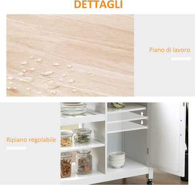 Carrello Da Cucina a 4 Ruote Con 1 Cassetto, 1 Armadietto, 1 Ripiano Aperto a 3 Livelli E 1 Portasciugamani, in MDF E Acciaio, 92X40X84 Cm, Bianco