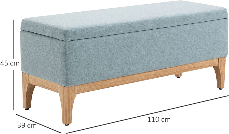 Panca Imbottita Contenitore in Tessuto Effetto Lino E Legno per Ingresso, Panca Fondo Letto Design Scandinavo, 110X39X45Acm, Azzurro