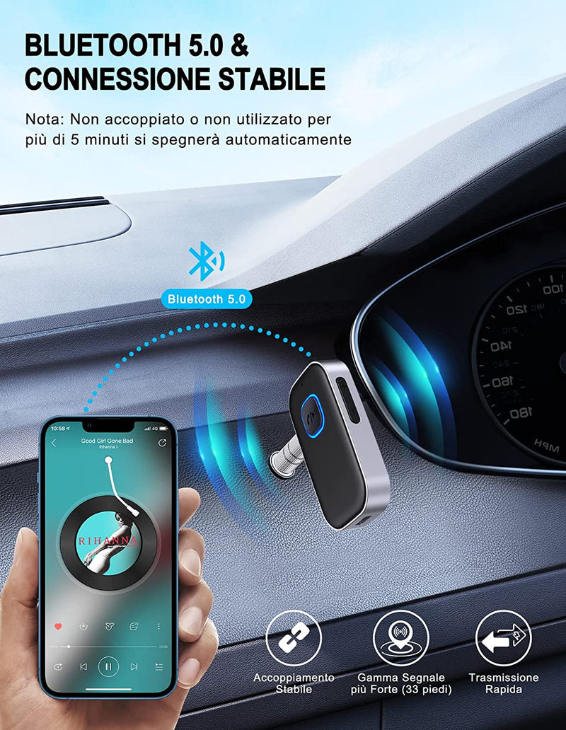 Ricevitore Bluetooth 5.0, Bluetooth Auto Aux Cancellazione Del Rumore, Aux Bluetooth Autonomia Di 16 Ore per Auto Altoparlanti/Stereo Casa/Cuffie Cablate/Chiamate in Vivavoce, Nero