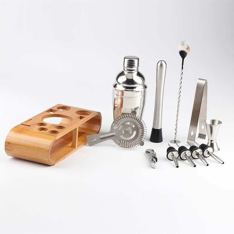 Stainless Steel Cocktail Shaker with Wooden Stand for Home Bar Party