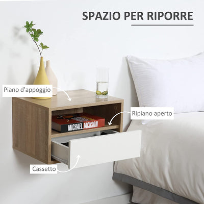 Set 2 Comodini Sospesi in Legno Con Cassetto E Ripiano Aperto, Design Moderno 45X35X27.5Cm, Bianco E Color Legno