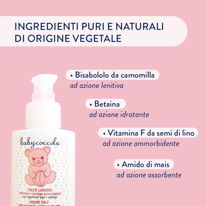 Babycoccole KIT 2 PEZZI TALCO LIQUIDO BAMBINI. Talco Non Talco, Previene Arrossamenti Da Pannolino, Asciuga E Rinfresca La Pelle Dopo Il Bagnetto, Regola Naturalmente La Sudorazione. 2X125Ml