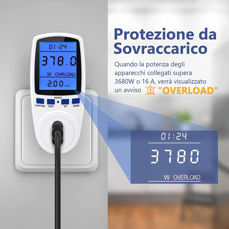 Misuratore Di Potenza, Misuratore Di Consumo Elettrico Con 7 Modalità Di Monitoraggio, Retroilluminazione, Contatore Elettrico Adatto a Varie Elettrodomestici, Potenza Massima 3680W- 2 Pezzi