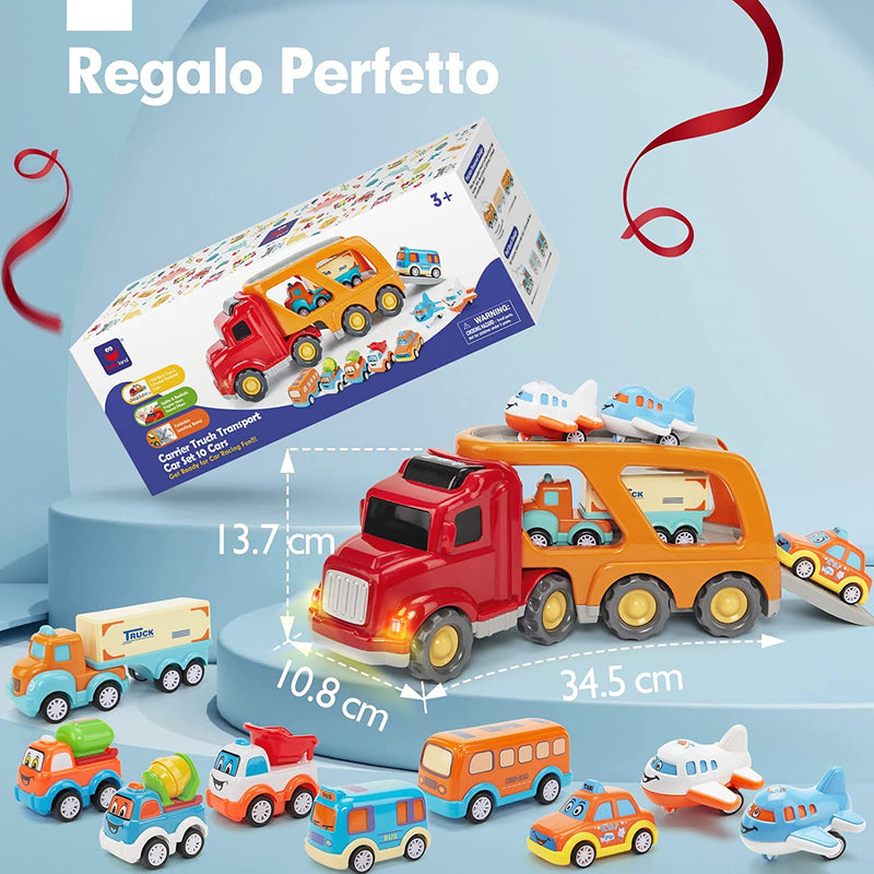 Camion Macchinine per Bambini 2 Anni, 10 Pezzi Camion Cars Con Suoni E Luci, Camion Giocattolo Regalo per Bambino 1 2 3 Anni