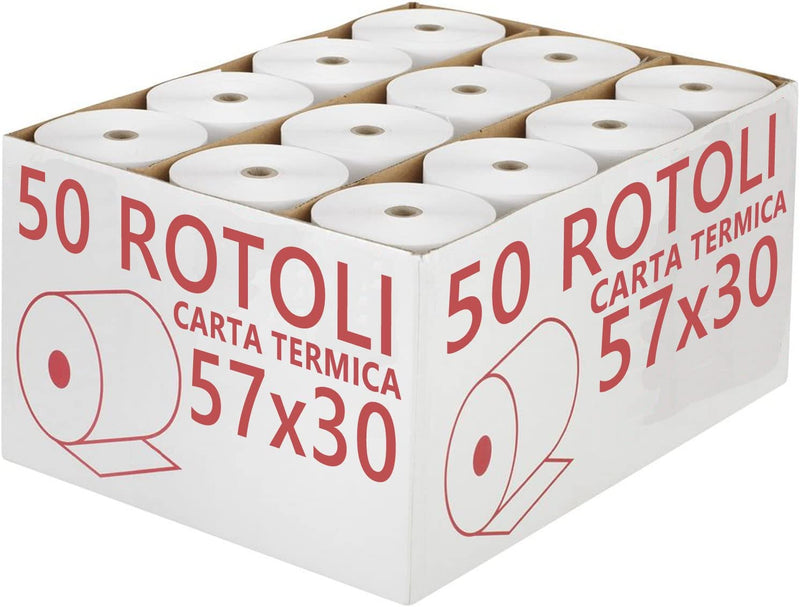 Confezione 50 Rotoli Termici Mm 57X30 Mt Omologati per Registratore Di Cassa Carta Termica 1A Qualità