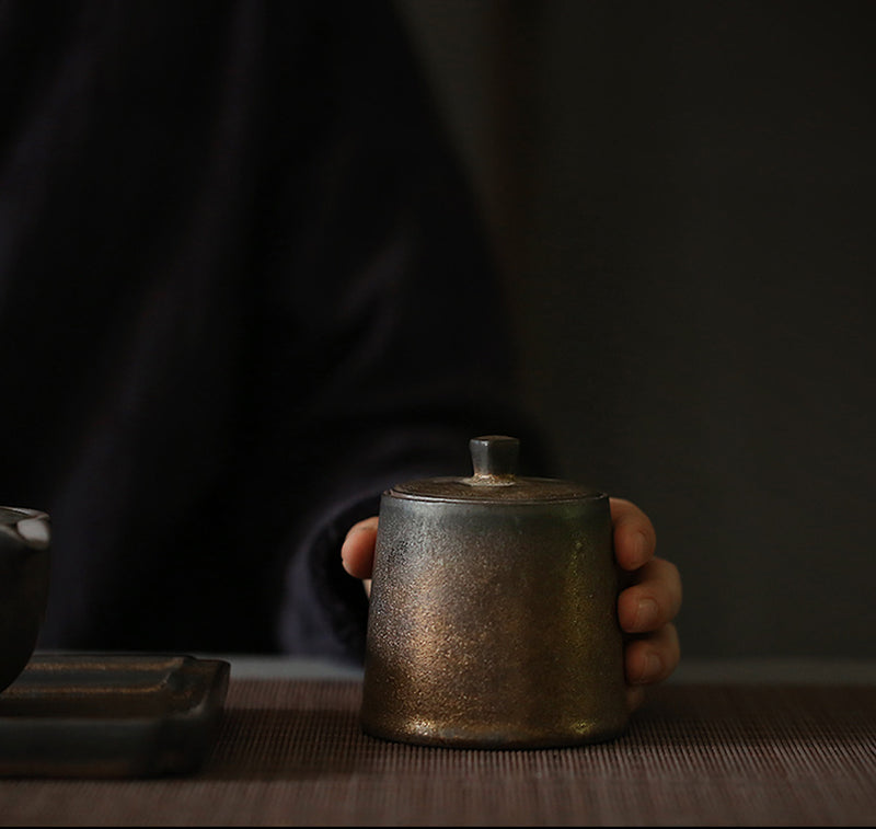 Tiny Gilt Ceramic Tea Caddy Small Stoneware