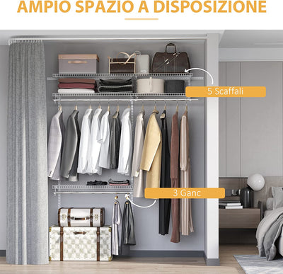 Set Appendiabiti a Muro Con 5 Mensole E 3 Barre, Accessori per Cabina Armadio Salvaspazio, Bianco