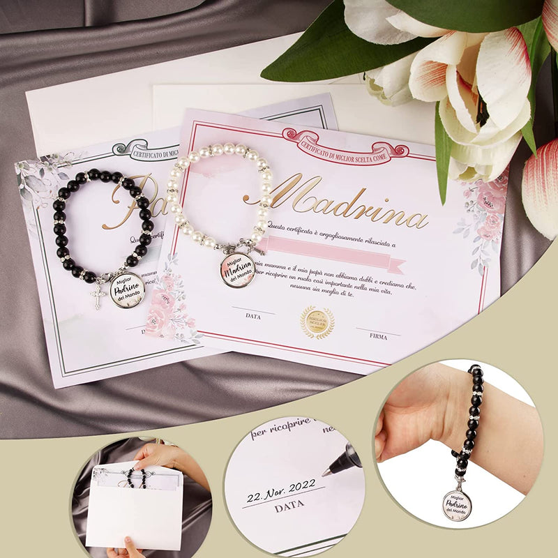 2 Set Certificato Padrino E Madrina Battesimo Diploma Biglietti Buste Braccialetto Padrino E Madrina Battesimo Perline Bracciale Regalo Battesimo Decorazione Comunione Nascita Baby Shower Fai Da Te