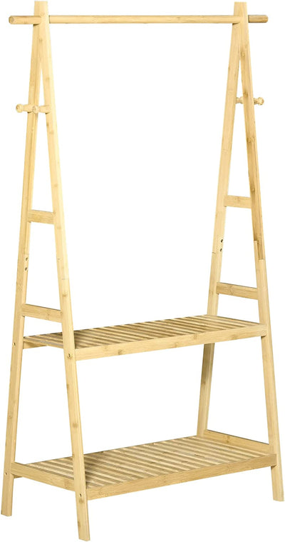 Stand Appendiabiti Con 2 Scaffali E 4 Ganci Laterali, Struttura in Bambù, 100L X 42P X 155Acm, Color Legno