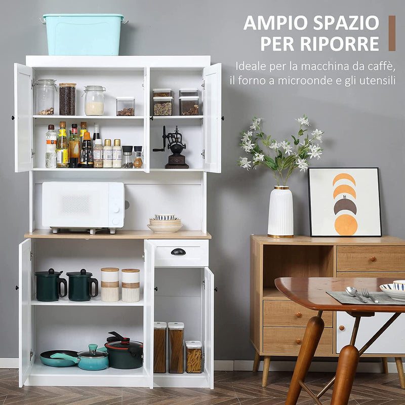 Mobile Cucina in Legno Con Armadietti E Cassetto, Credenza Stile Country Con Mensole Regolabili, 101X39X180Cm, Bianco