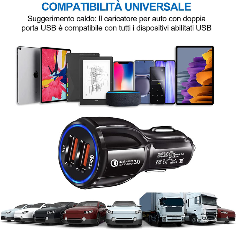 Caricabatteria Da Auto, Caricatore Accendisigari 2 Porte USB 3.0 Ricarica Veloce Compatibile Con Iphone, Samsung Galaxy, Huawei, Xiaomi, Tablet, LJ0SGV