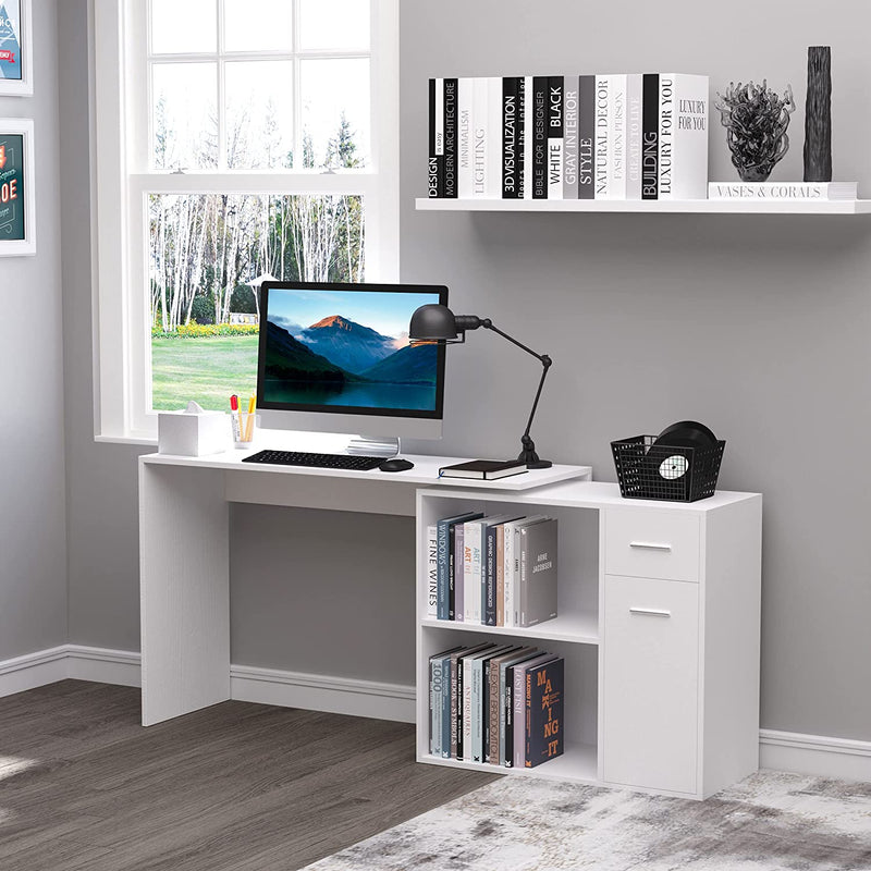 Scrivania Angolare Con Libreria Scaffale in Legno Bianco, Tavolo Da Pranzo per Computer Con Rotazione a 180°, 173X39.8X74 Cm