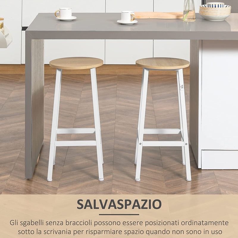 Set 2 Sgabelli Da Cucina in Truciolato E Acciaio Con Piano Liscio E Poggiapiedi, 32.5X32.5X65 Cm, Bianco E Color Legno