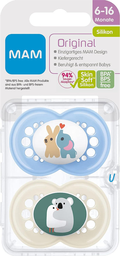 Istruzioni in Lingua Straniera  Ciuccio Originale in Silicone, Set Da 2, Ciuccio Adatto Ai Denti per Bambini, in Silicone Skinsoft Con Scatola per Ciuccio, 6-16 Mesi, Elefante/Koala, Blu E Beige