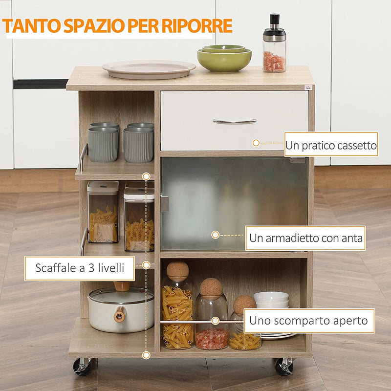 Carrello Da Cucina Moderno Con Cassetto, Ripiani E Armadietto, Isola per Cucina Portavivande in Legno, Acciaio E Vetro, 65X39X80Cm