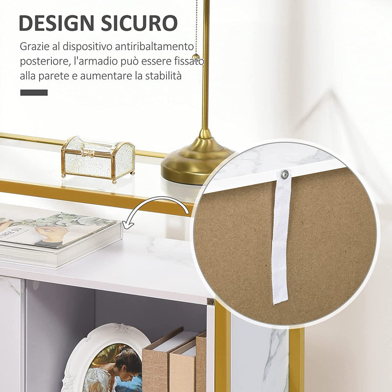 Mobile Multiuso per Soggiorno, Cucina O Ingresso Con Piano in Vetro, Ripiano Aperto in MDF E Gambe in Acciaio, 80X30X90 Cm, Bianco E Oro