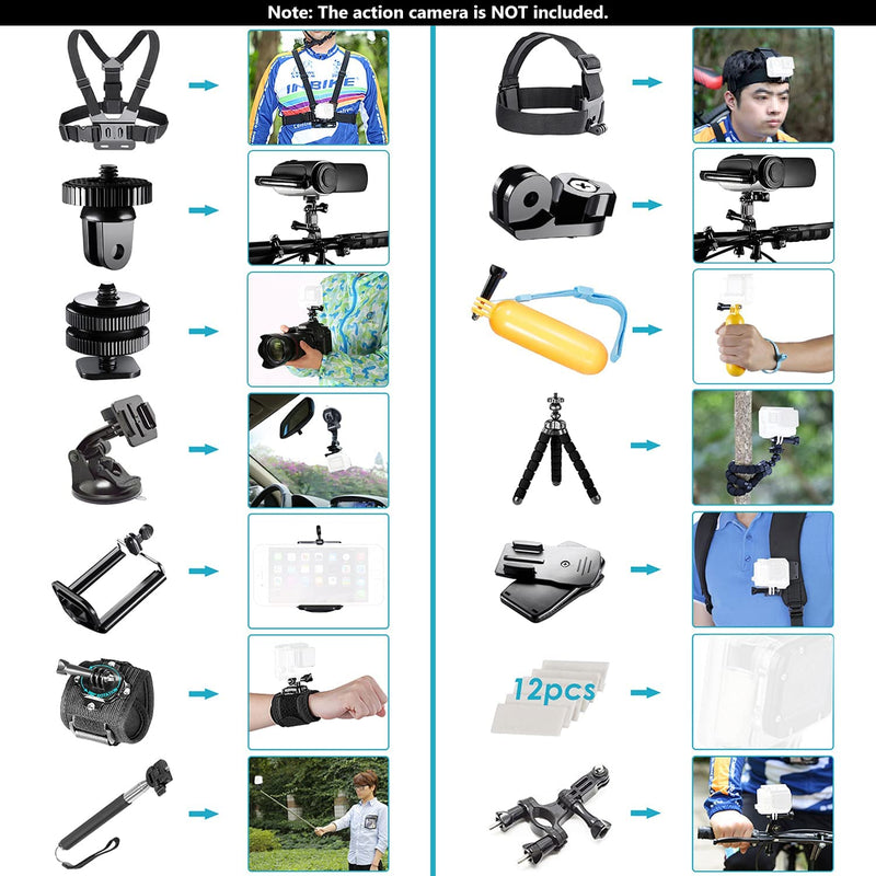 53-In-1 Action Camera Kit Accessori Compatibile Con Gopro Hero 10 9 8 Max 7 6 5 4 Nero Gopro 2018 Session Fusion Argento Bianco Insta360 DJI Action 2 AKASO APEMAN Campark SJCAM Ecc